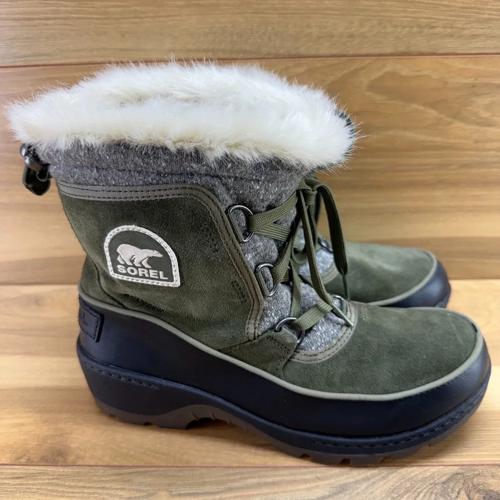 Sorel Tivoli III Green Black Snow Boots 7.5 Waterproof Faux Fur Gorpcore Ski